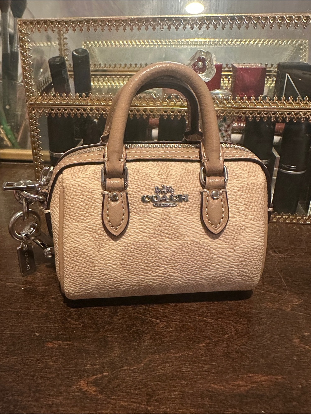 NWOT Coach Factory Mini Rowan Bag Charm Beige Cute Leather Silver Hardware